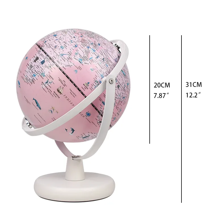 22.8cm (9") Illuminated Full-Swing Pink Color World Globe with Wooden Base & Aluminum Meridian detail view 1